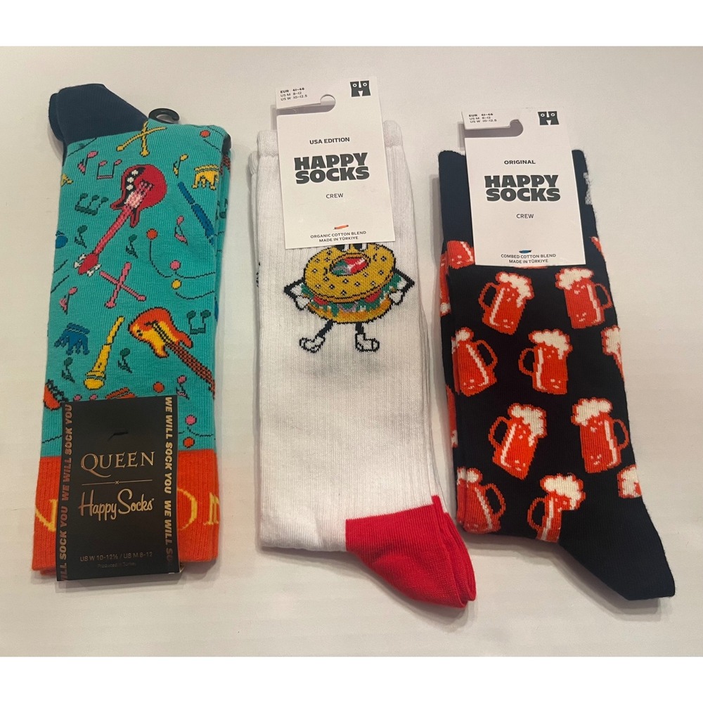 Happy Socks 3 Pair Bundle Queen Beer Bagel Unisex Crew Socks NEW